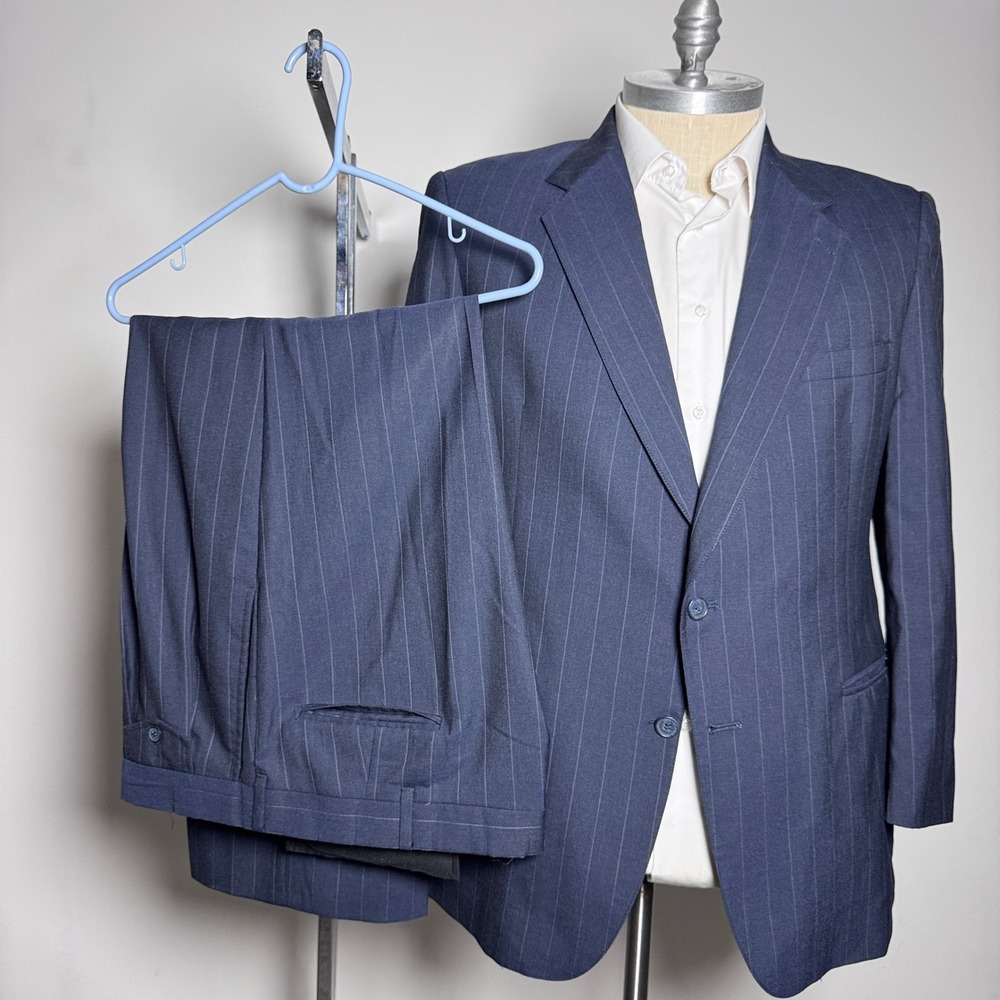 Kuppenheimer Suit Mens 42R 40W Navy Blue Pinstripe Pure Wool Vintage 2-Button